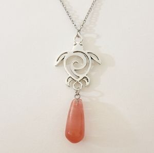 Silver Turtle Cherry Quartz Teardrop Pendant Necklace Handmade Gift Animal